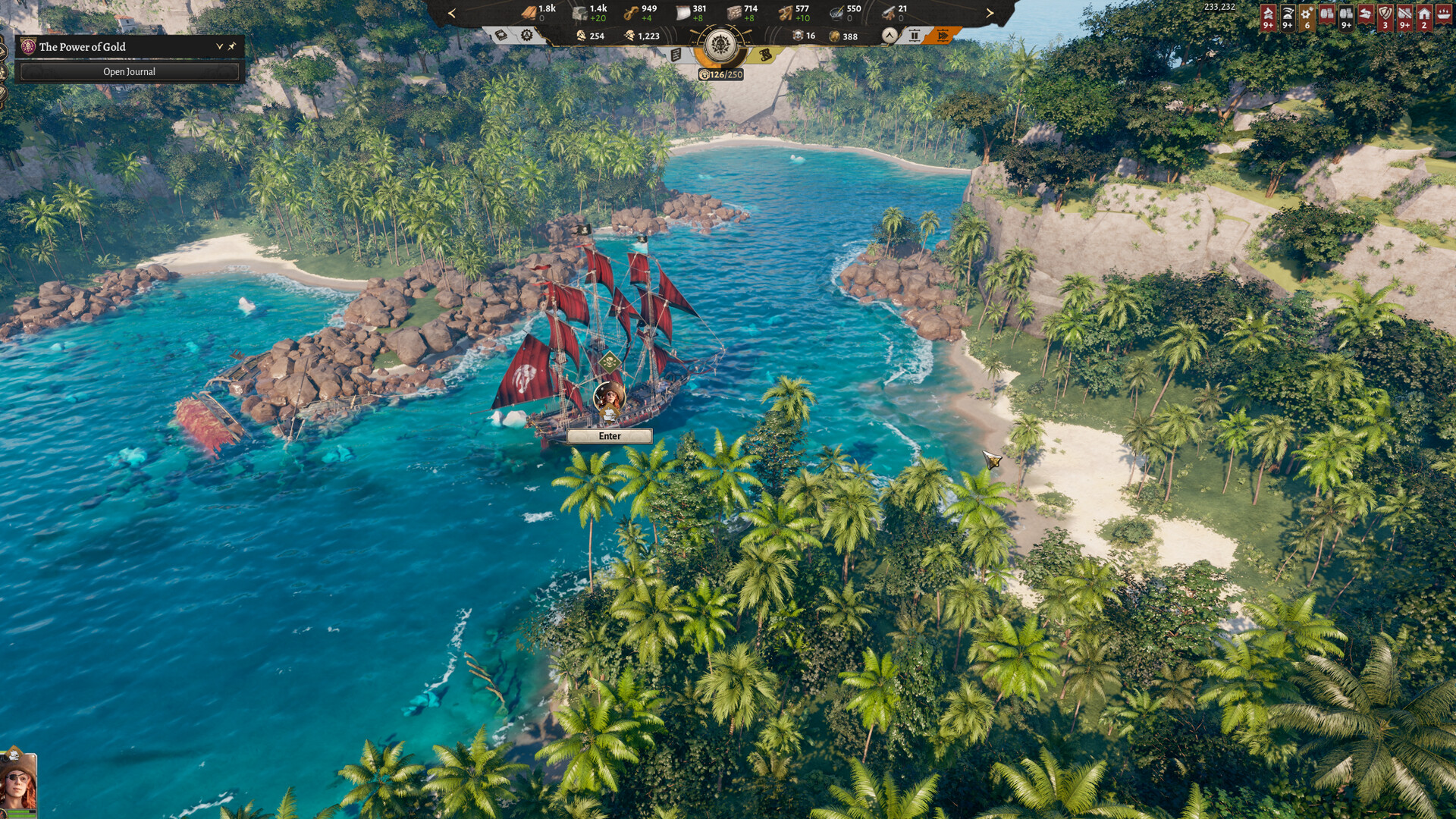 Graphics programming for Corsair Cove: ocean simulation and rendering, GPU-driven character animation, fog of war, lighting and navigation meshes. Ship wake and ocean surface around a tropical island in Corsair Cove